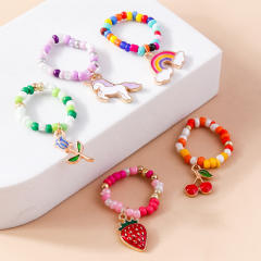 Y2K sweet boho seed bead cherry rainbow elastic stackable rings
