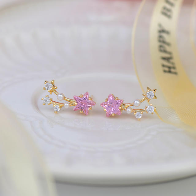 Sweet pink cubic zircon shooting star copper studs earrings