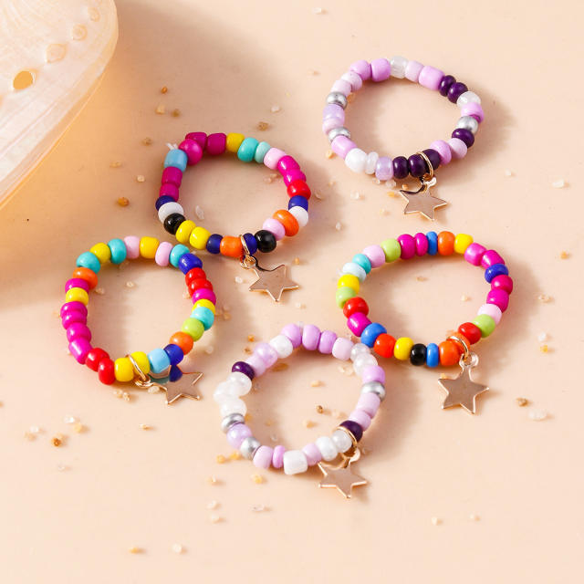 Hot sale boho color seed bead tiny star elastic stackable rings