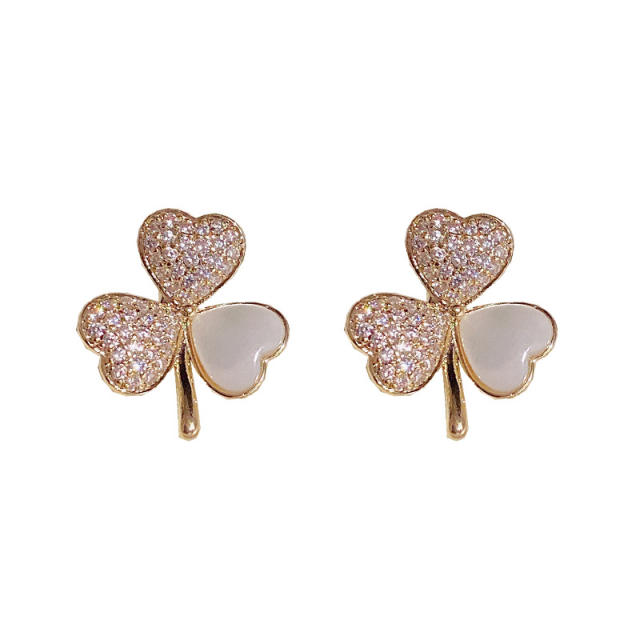 Delicate diamond mother shell clover copper studs earrings