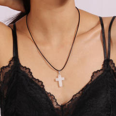 Y2K colorful cross pendant black leather cord necklace