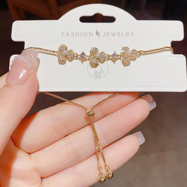 Delicate diamond three petal colver copper slide bracelet