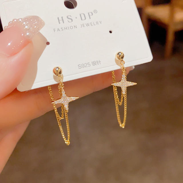 925 needle delicate diamond star chain tassel copper earrings