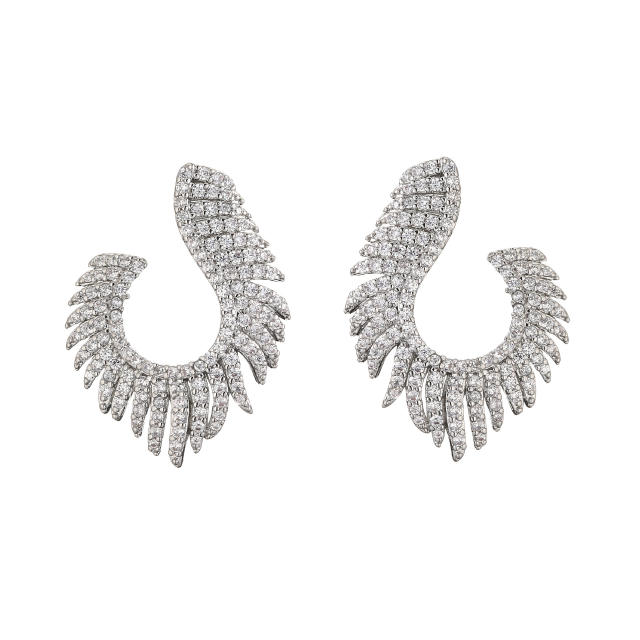 Luxury gold plated copper full diamond feather chunky earrings