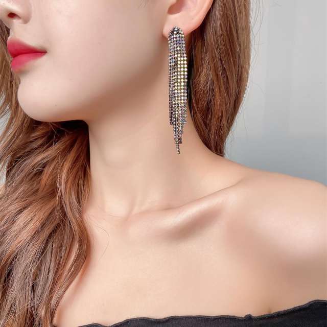 Luxury colorful diamond tassel long party earrings