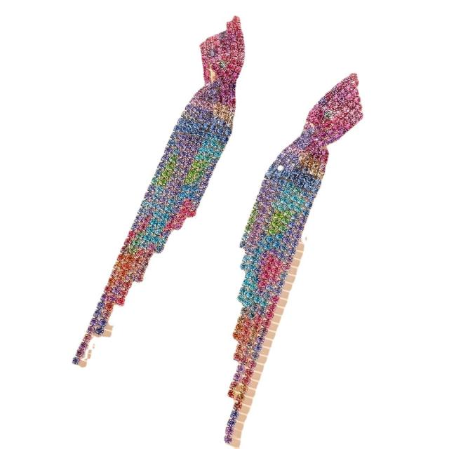 Luxury rainbow color diamond tassel party long earrings