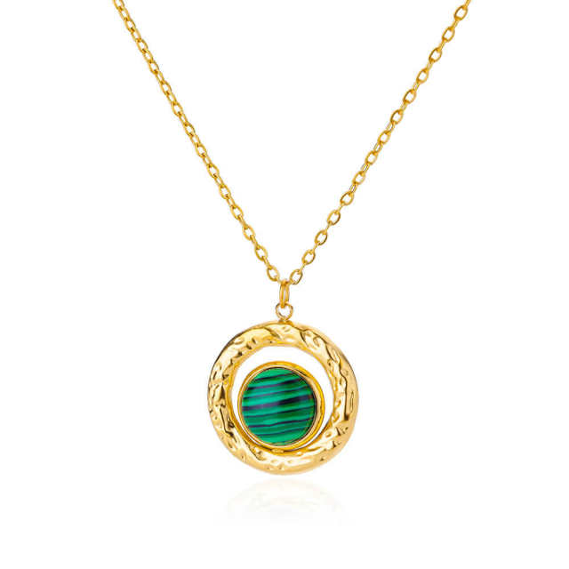 Vintage turquoise malachite round piece pendant stainless steel necklace