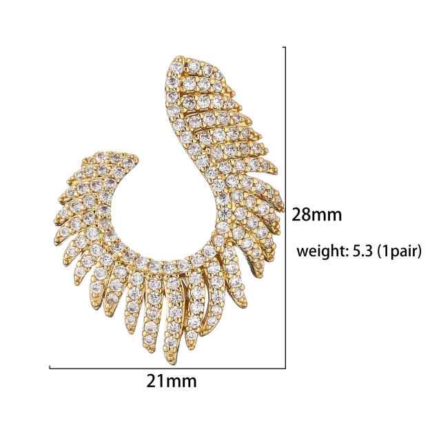 Luxury gold plated copper full diamond feather chunky earrings