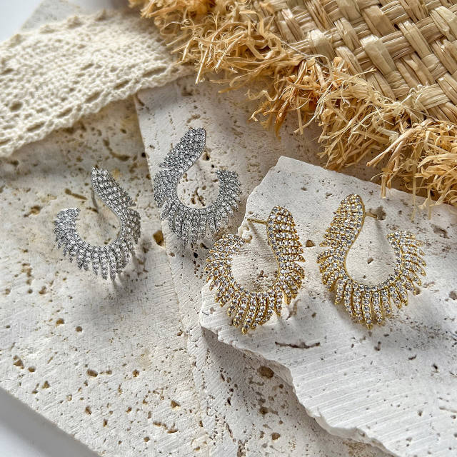 Luxury gold plated copper full diamond feather chunky earrings