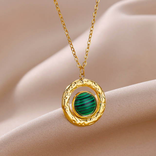 Vintage turquoise malachite round piece pendant stainless steel necklace