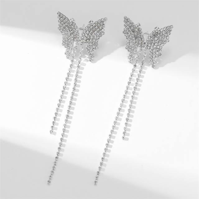 Delicate full rhinestone butterfly tassel diamond earrings
