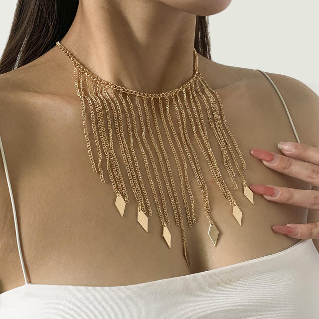 Delicate diamond chain tassel choker necklace