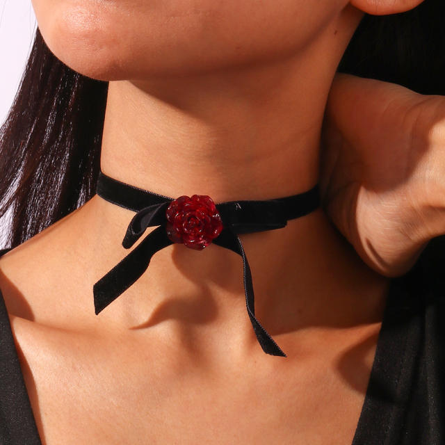 Gothic rose flower black velvet choker necklace
