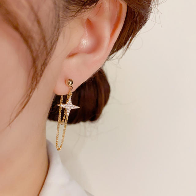 925 needle delicate diamond star chain tassel copper earrings
