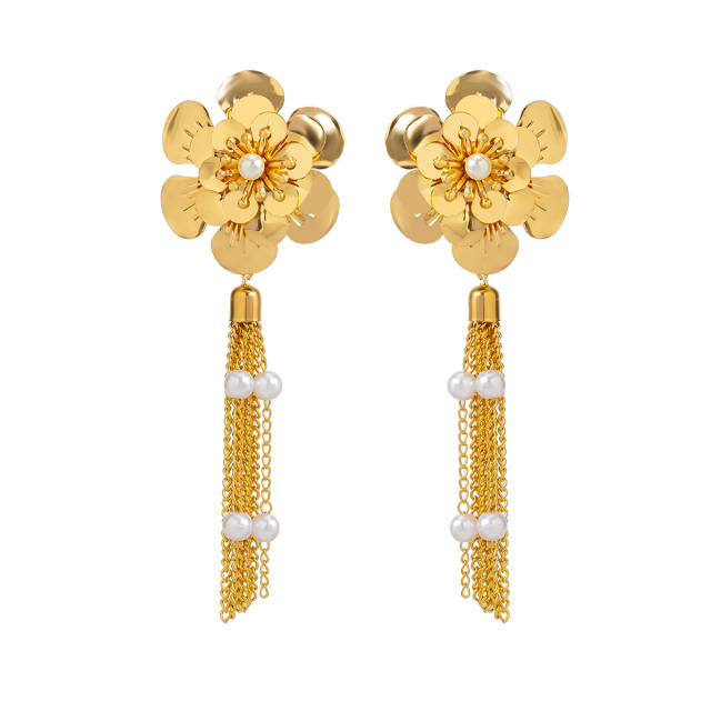 Chunky metal flower chain tassel earrings