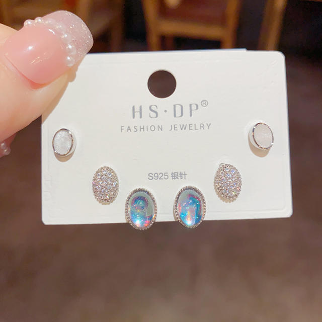 Chic oval shape diamond copper studs earring set