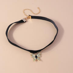 Vintage rhinestone butterfly velvet black choker necklace