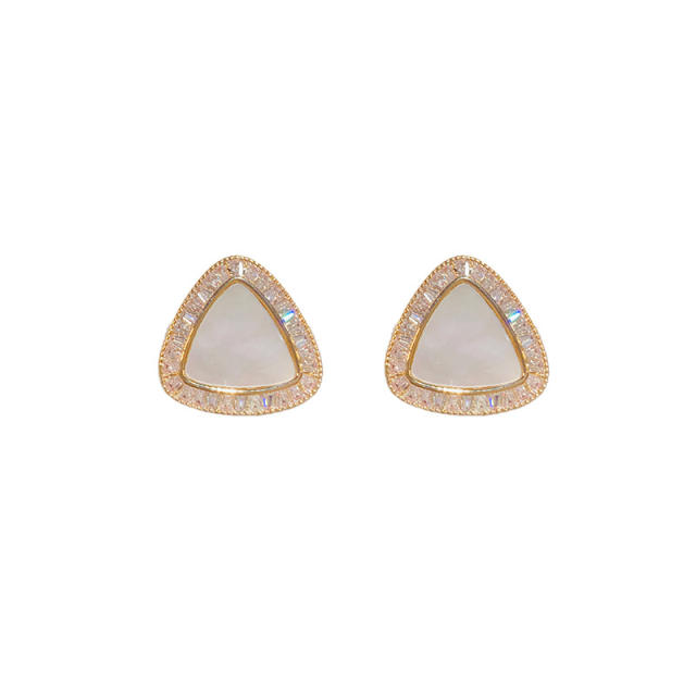 Concise triangle shape mother shell diamond copper studs earrings