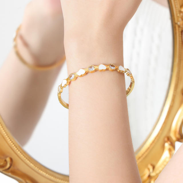 Popular color enamel heart cubic zircon stainless steel bangle bracelet