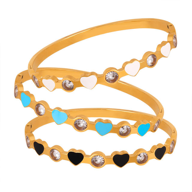 Popular color enamel heart cubic zircon stainless steel bangle bracelet