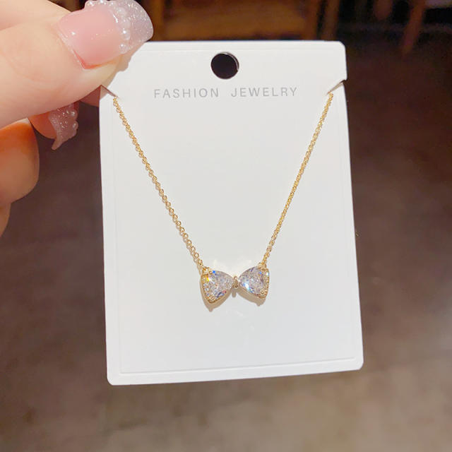 Dainty korean fashion diamond bow copper necklace