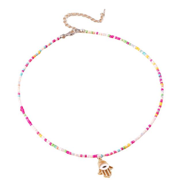 Boho colorful seed bead evil eye charm choker necklace