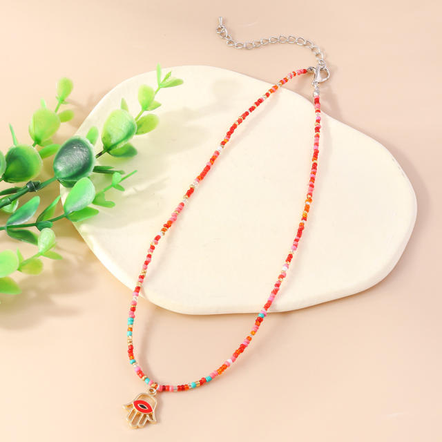 Boho colorful seed bead evil eye charm choker necklace