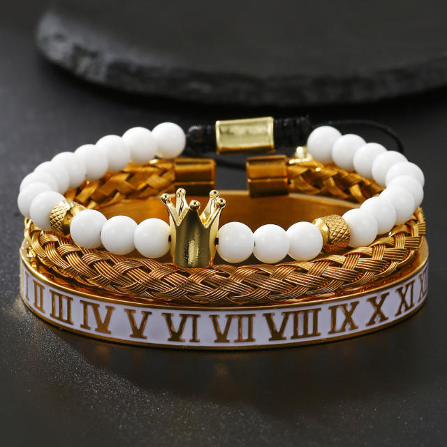 White enamel Roman numerals diamond lion head bracelet set for men