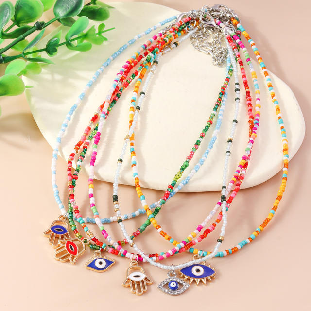 Boho colorful seed bead evil eye charm choker necklace