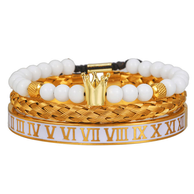 White enamel Roman numerals diamond lion head bracelet set for men