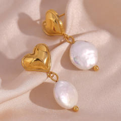 18K gold plated stainless steel heart baroque pearl drop earrings