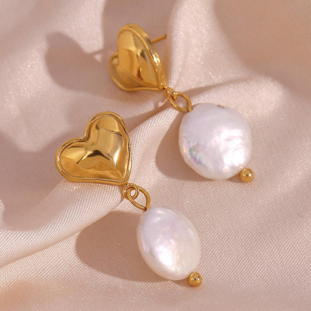 18K gold plated stainless steel heart baroque pearl drop earrings