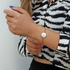 18KG baroque pearl stainless steel slide bracelet