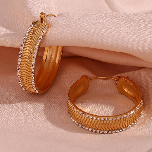 18K rhinestone line chunky stainless steel hoop earrings