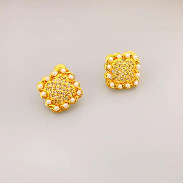 925 needle elegant cubic zircon 18K gold plated sqaure clover studs earrings