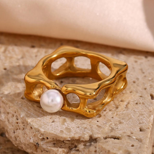 18KG chunky hollow square cheese pearl stainless steel rings
