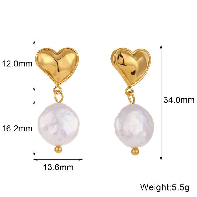 18K gold plated stainless steel heart baroque pearl drop earrings
