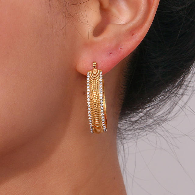 18K rhinestone line chunky stainless steel hoop earrings
