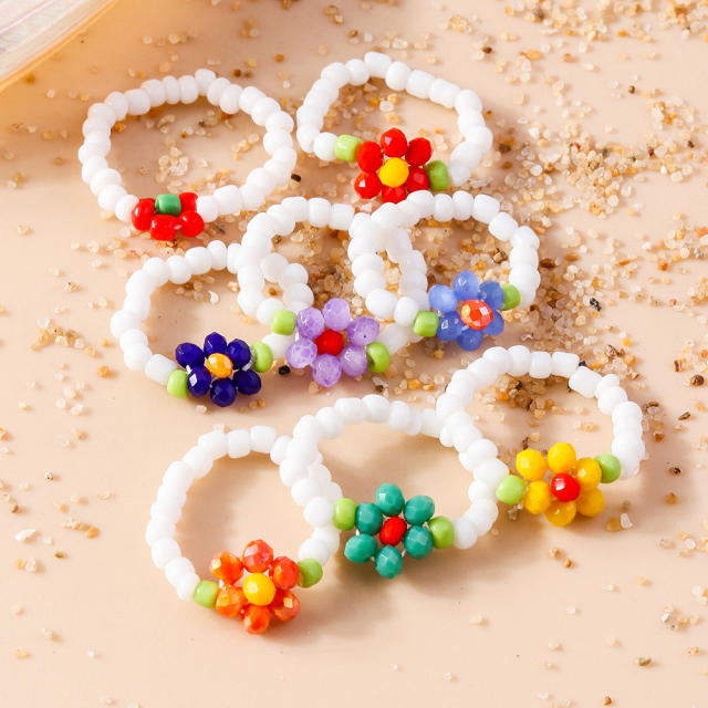 Boho cute bead flower elastic stackable rings