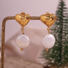 18K gold plated stainless steel heart baroque pearl drop earrings