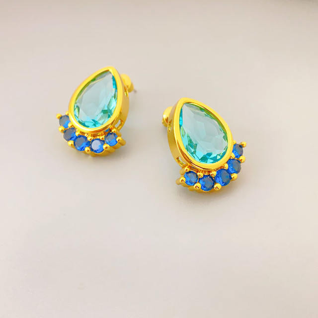 925 needle delicate color teardrop cubic zircon copper studs earrings