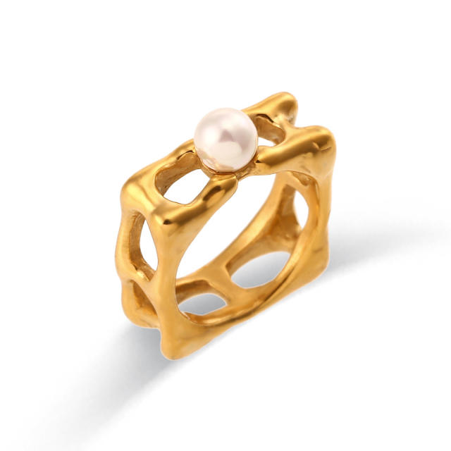 18KG chunky hollow square cheese pearl stainless steel rings