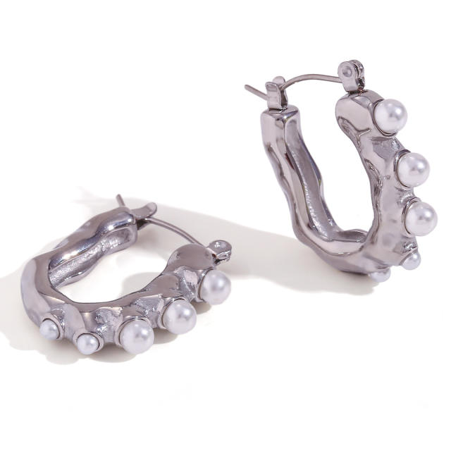 Personality pearl bead U shape stainless steel earrings