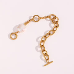 Baroque pearl stainless steel cable chain Asymmetric Bracelet