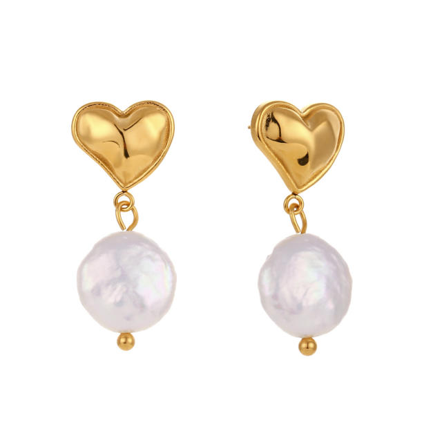 18K gold plated stainless steel heart baroque pearl drop earrings