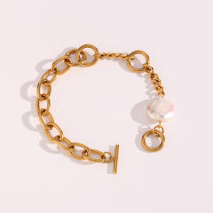 Baroque pearl stainless steel cable chain Asymmetric Bracelet