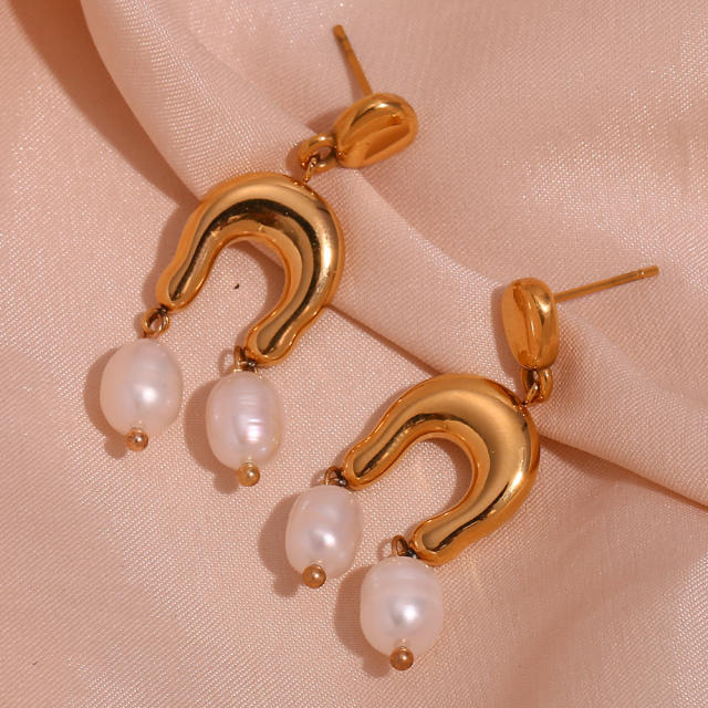 Vintage water pearl chunky geometric stainless steel earrings
