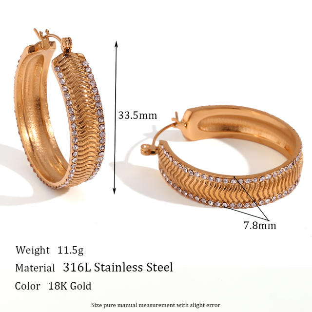 18K rhinestone line chunky stainless steel hoop earrings