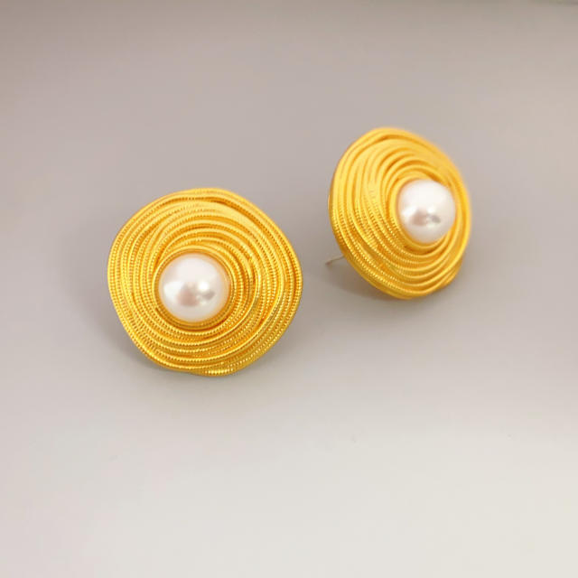 925 needle vintage round shape pearl 18KG copper studs earrings