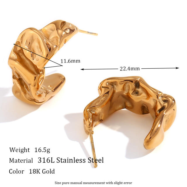 Chunky 18KG fold pattern stainless steel open hoop earrings